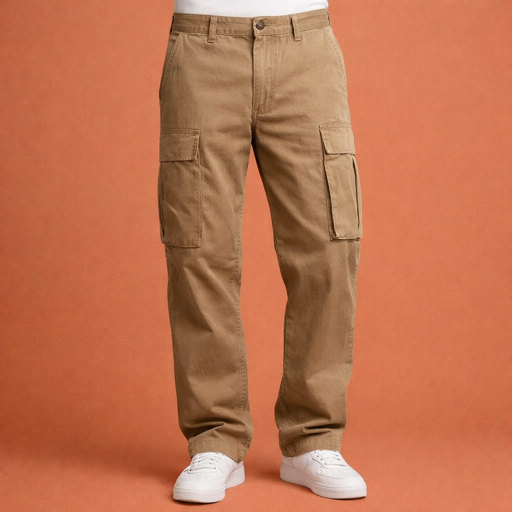 Heren cargo broek in khaki met minimalistisch design, zacht en comfortabel voor casual en stijlvolle outfits.