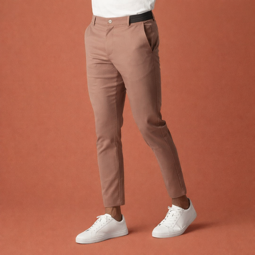 Heren chino broek in khaki met minimalistisch design, zacht en comfortabel voor casual en stijlvolle outfits.