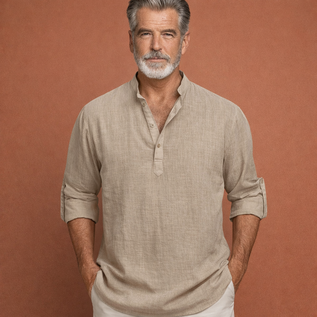 Heren linnen overhemd in khaki met klassiek design, ademend en comfortabel voor casual en stijlvolle outfits.