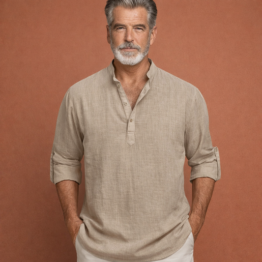 Heren linnen overhemd in khaki met klassiek design, ademend en comfortabel voor casual en stijlvolle outfits.