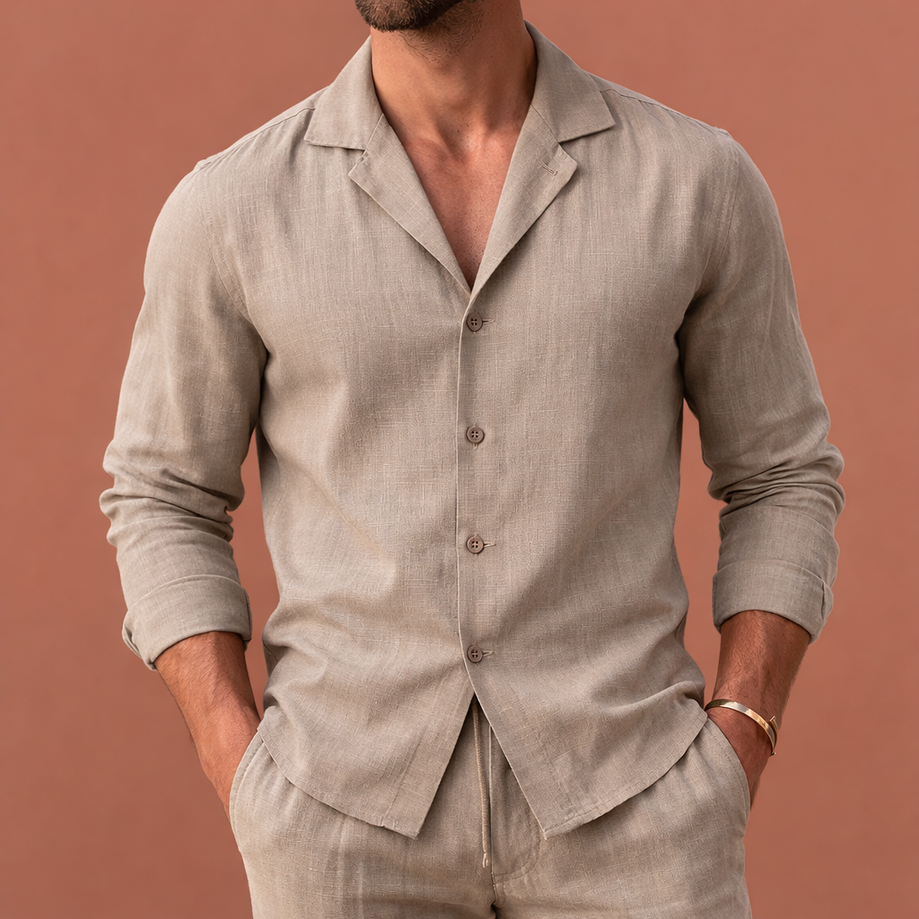 Heren linnen zomerset in khaki met minimalistisch design, zacht en comfortabel voor casual en stijlvolle outfits.