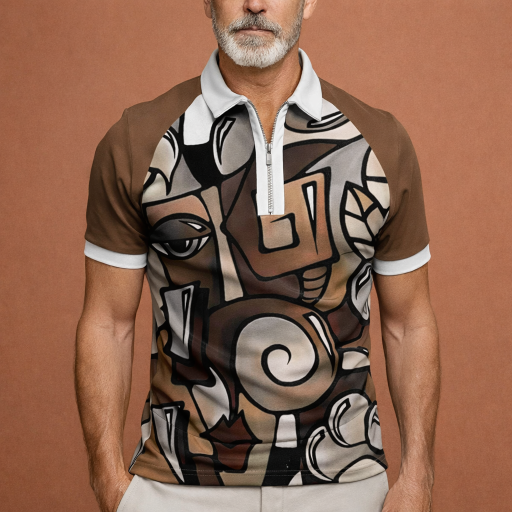 Heren polo in khaki met retro strepen, comfortabel en stijlvol voor casual en zomerse outfits.