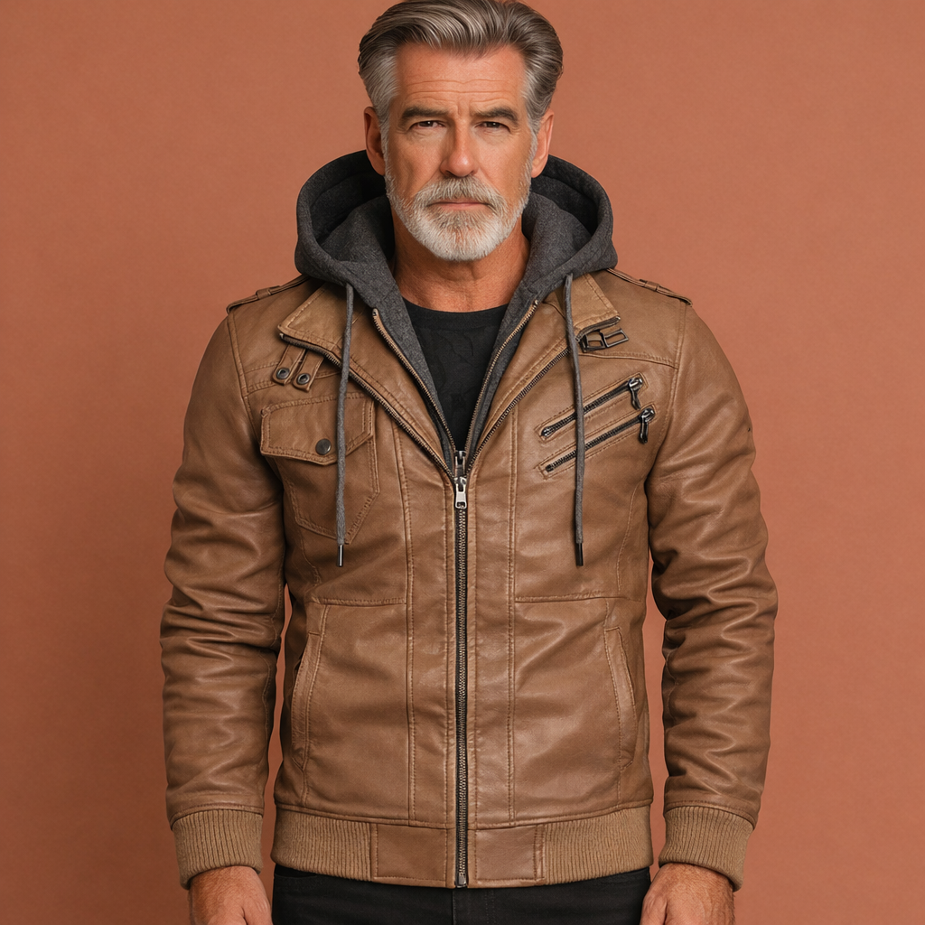 Khaki herenjas met capuchon en meerdere zakken, geschikt voor dagelijks gebruik en comfortabele outdoor outfits.1