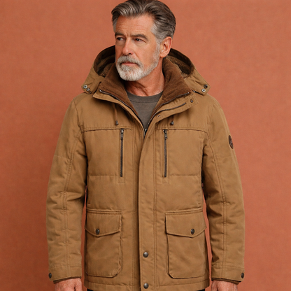 Khaki herenjas met capuchon en ritssluiting, geschikt voor dagelijks gebruik en outdoor activiteiten.1