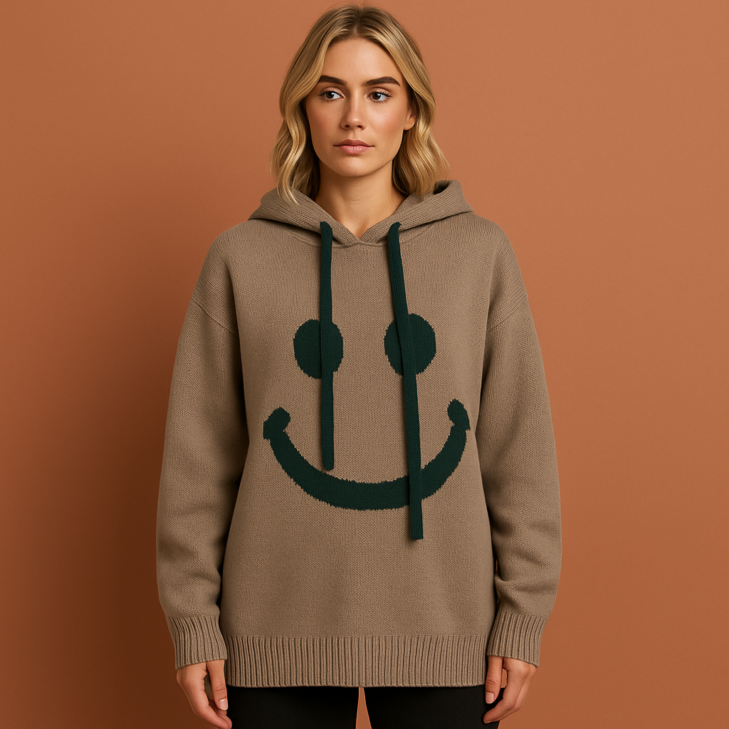 Warme hoodie met smiley voor dames in khaki met relaxed design en comfortabele pasvorm voor casual outfits.