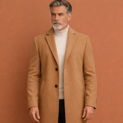 Khaki lange klassieke mantel voor heren met reverskraag en comfortabele pasvorm, geschikt voor herfst en winter.