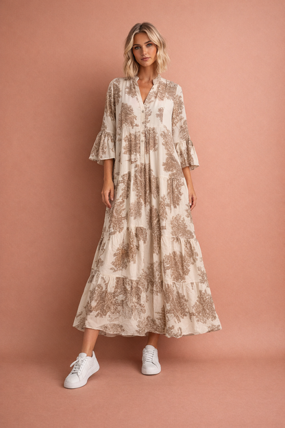 Khaki maxi-jurk voor dames met print, volantmouwen en staande kraag, perfect voor zomerse en elegante gelegenheden.1