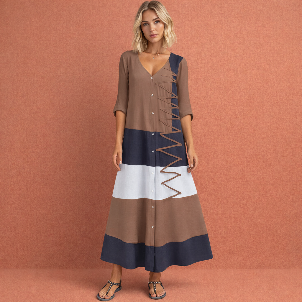Dames maxi jurk in khaki met minimalistisch design, zacht en comfortabel voor casual en stijlvolle outfits.