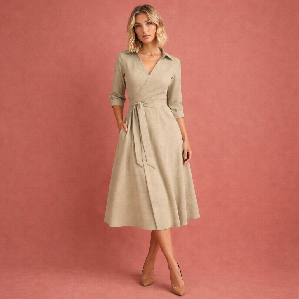 Khaki midi-jurk voor dames met uitlopende pasvorm en reverskraag, ideaal voor werk en stijlvolle dagelijkse outfits.