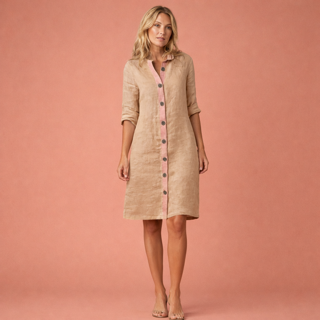 Dames midi overhemdjurk in khaki met minimalistisch design, luchtig en comfortabel voor casual en stijlvolle outfits.