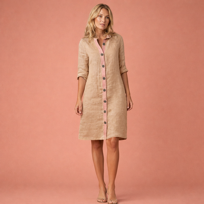 Dames midi overhemdjurk in khaki met minimalistisch design, luchtig en comfortabel voor casual en stijlvolle outfits.