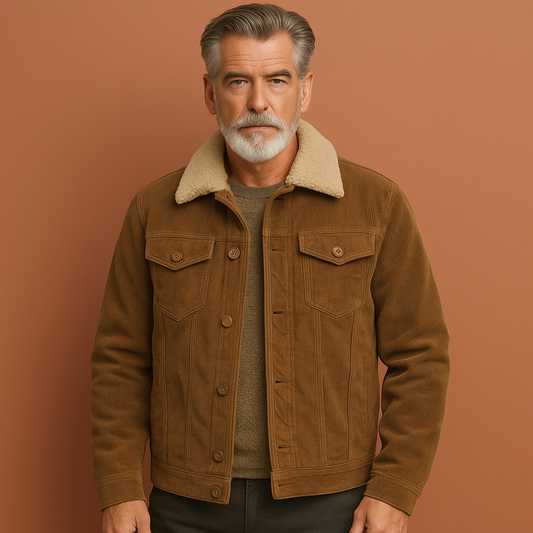 Khaki warme sherpa gevoerde heren winterjas met borstzakken, perfect voor koude dagen en outdoor activiteiten.