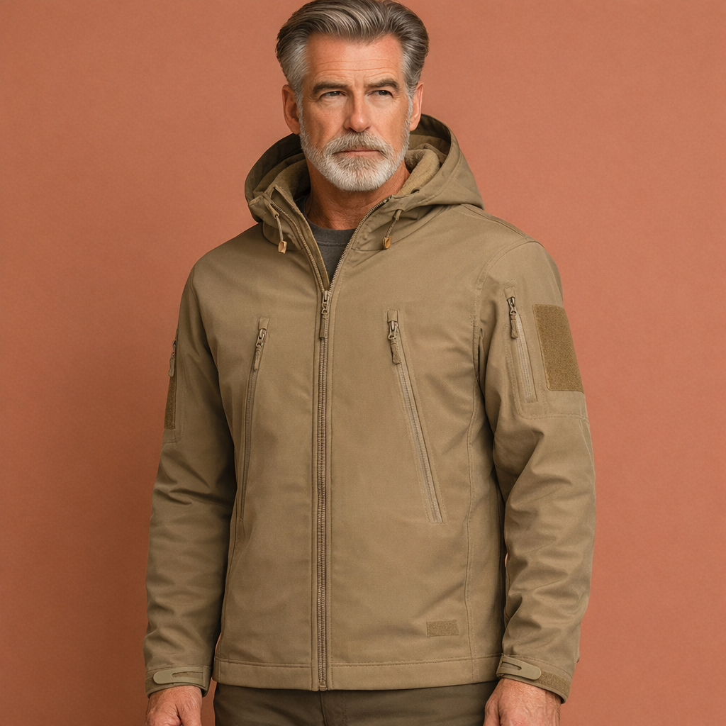 Khaki tactische jas voor heren met verstelbare capuchon en ritssluiting, geschikt voor dagelijks gebruik en outdoor activiteiten.