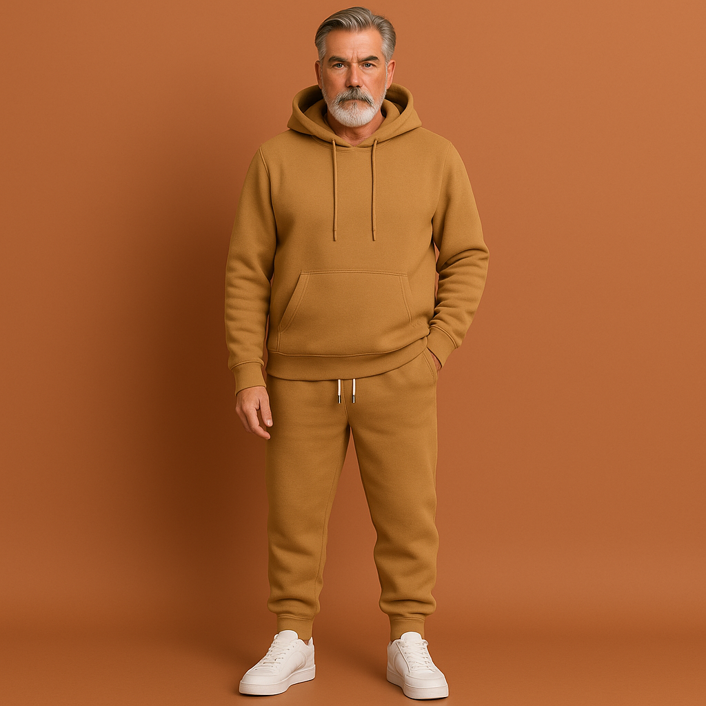 Khaki heren trainingspak met hoodie en tapered joggers, geschikt voor casual outfits en dagelijks gebruik.