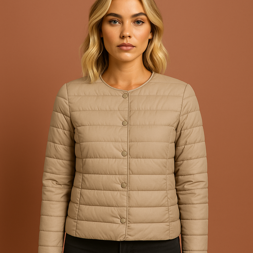 Ultradunne lichtgewicht donsjas voor dames in khaki kleur, ideaal voor frisse dagen en dagelijks gebruik.