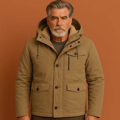 Warme winterjas met bontvoering voor heren in khaki, ideaal voor koude dagen en outdoorgebruik.