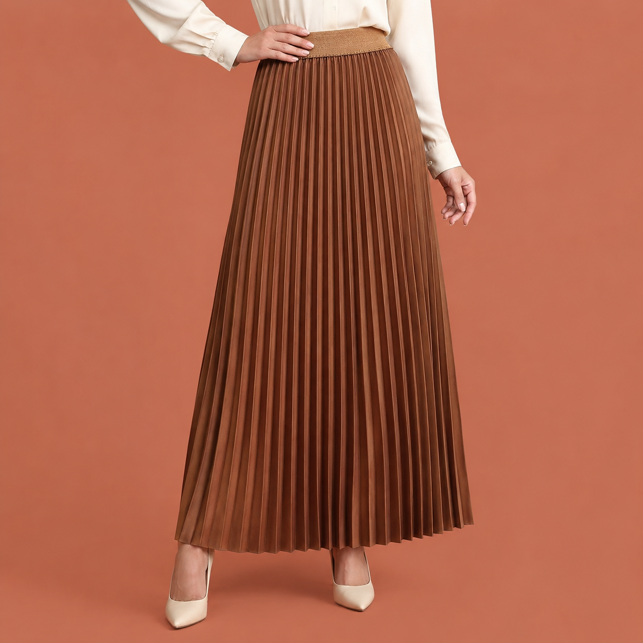 Dames midi rok in Koffie met minimalistisch design, zacht en comfortabel voor casual en stijlvolle outfits.