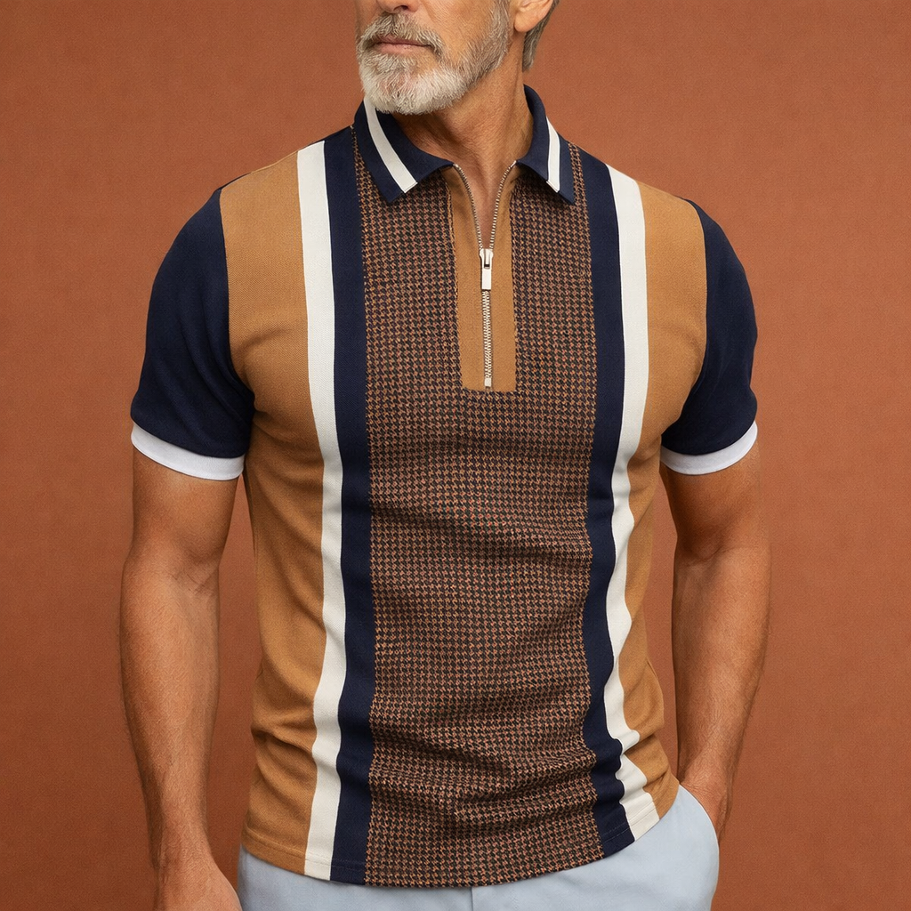 Heren polo in koffie met retro strepen, comfortabel en stijlvol voor casual en zomerse outfits.