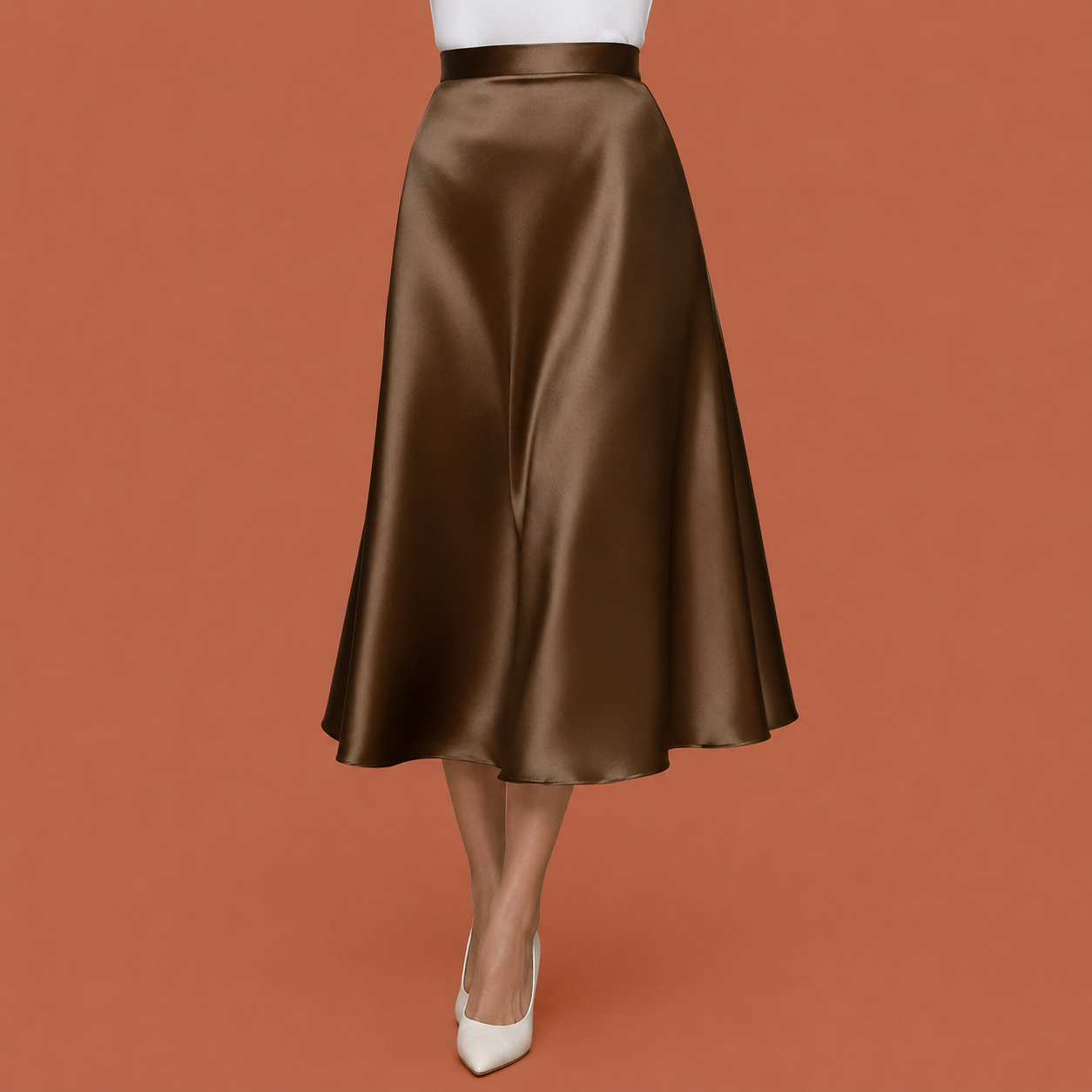 Dames midi rok in koffie met minimalistisch design, zacht en comfortabel voor casual en stijlvolle outfits.
