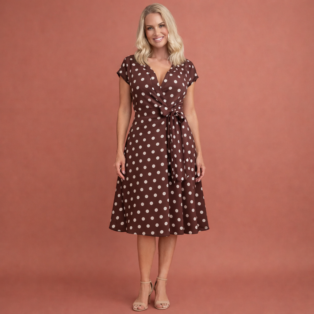 Dames polka dot jurk in koffie met minimalistisch design, zacht en comfortabel voor casual en stijlvolle outfits.
