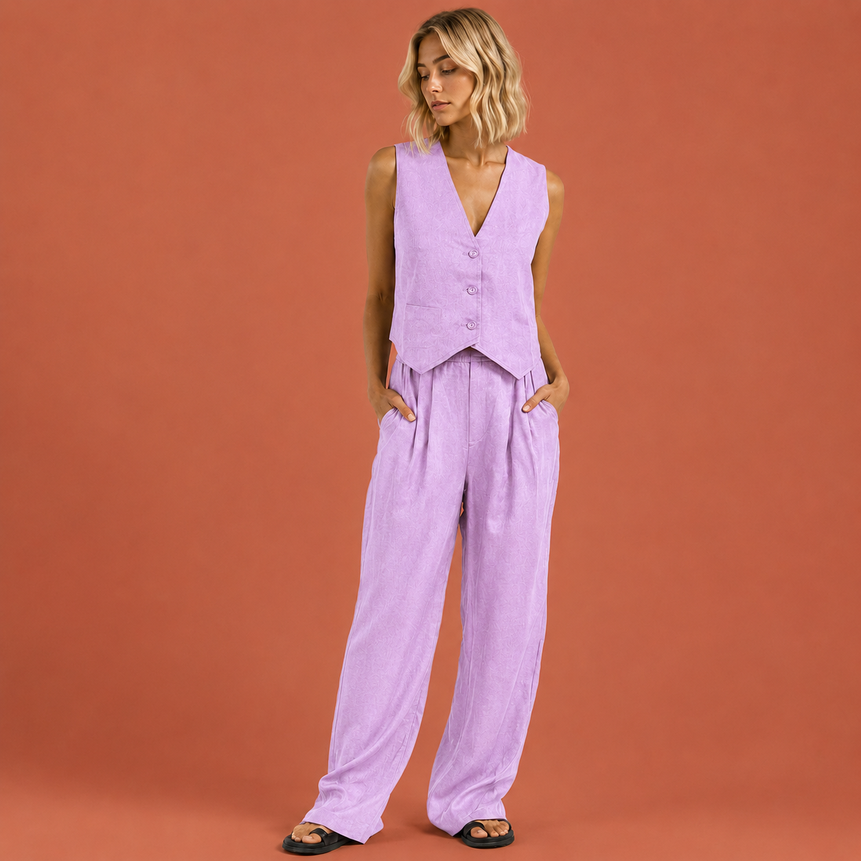 Dames linnen set in lavendel met minimalistisch design, zacht en comfortabel voor casual en stijlvolle outfits.