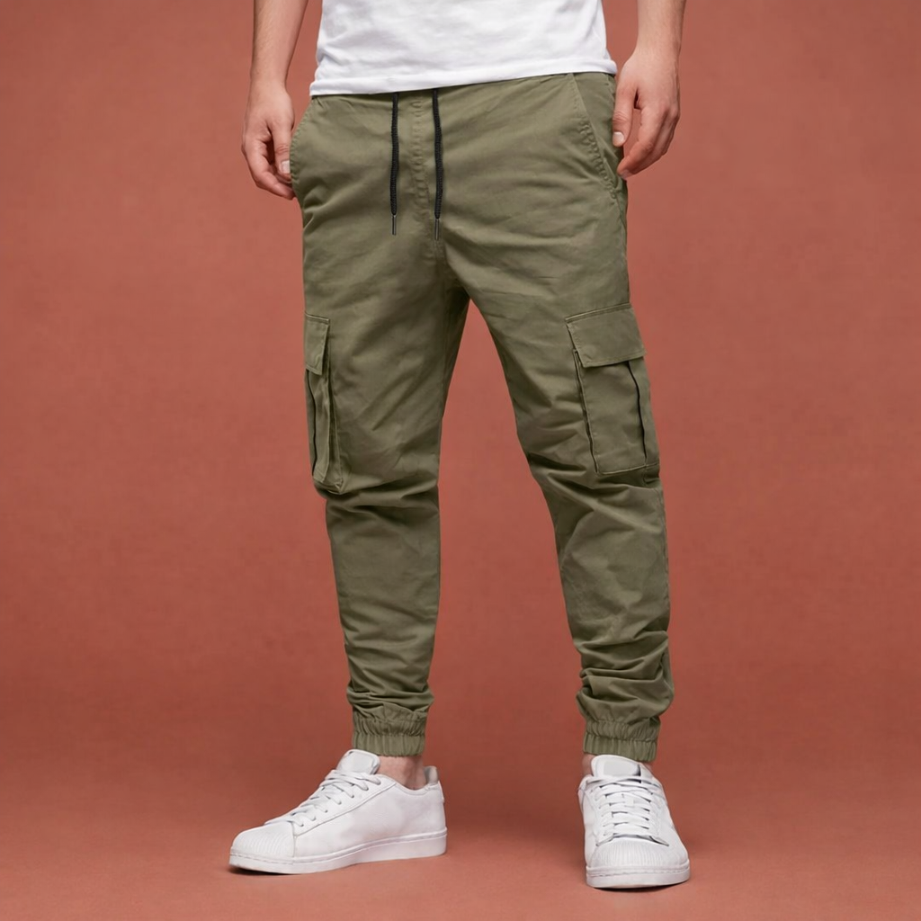 Heren cargo joggingbroek in legergroen met minimalistisch design, zacht en comfortabel voor casual en stijlvolle outfits.