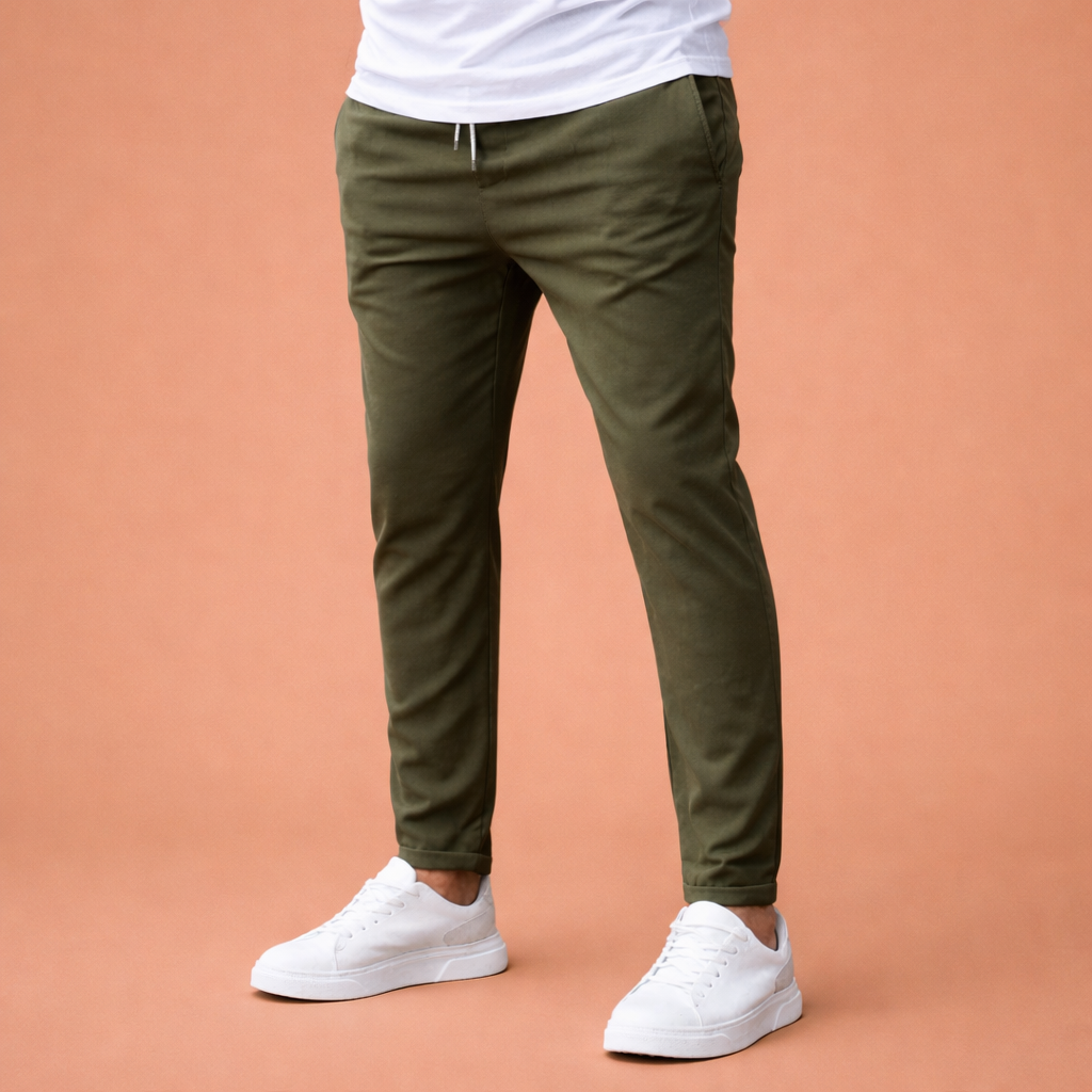 Heren broek in legergroen met minimalistisch design, zacht en comfortabel voor casual en stijlvolle outfits.