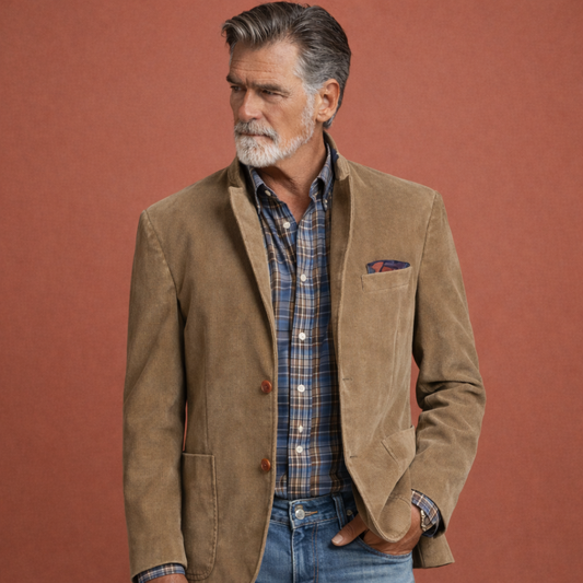 Legergroene herenjas met reverskraag en knoopsluiting, geschikt voor werk, formele gelegenheden en nette dagelijkse outfits.