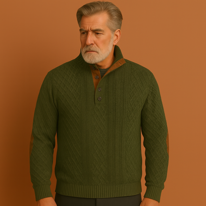 Legergroene herentrui met knoopkraag en elleboogdetails, geschikt voor een comfortabele en stijlvolle casual look.