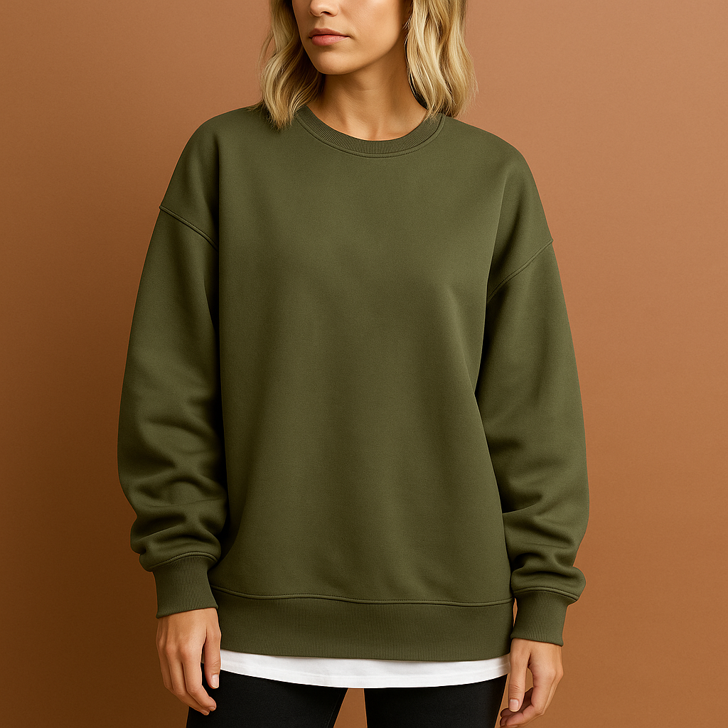 Lange oversized damestrui in legergroen met comfortabele pasvorm, zacht en stijlvol voor herfst en winter.