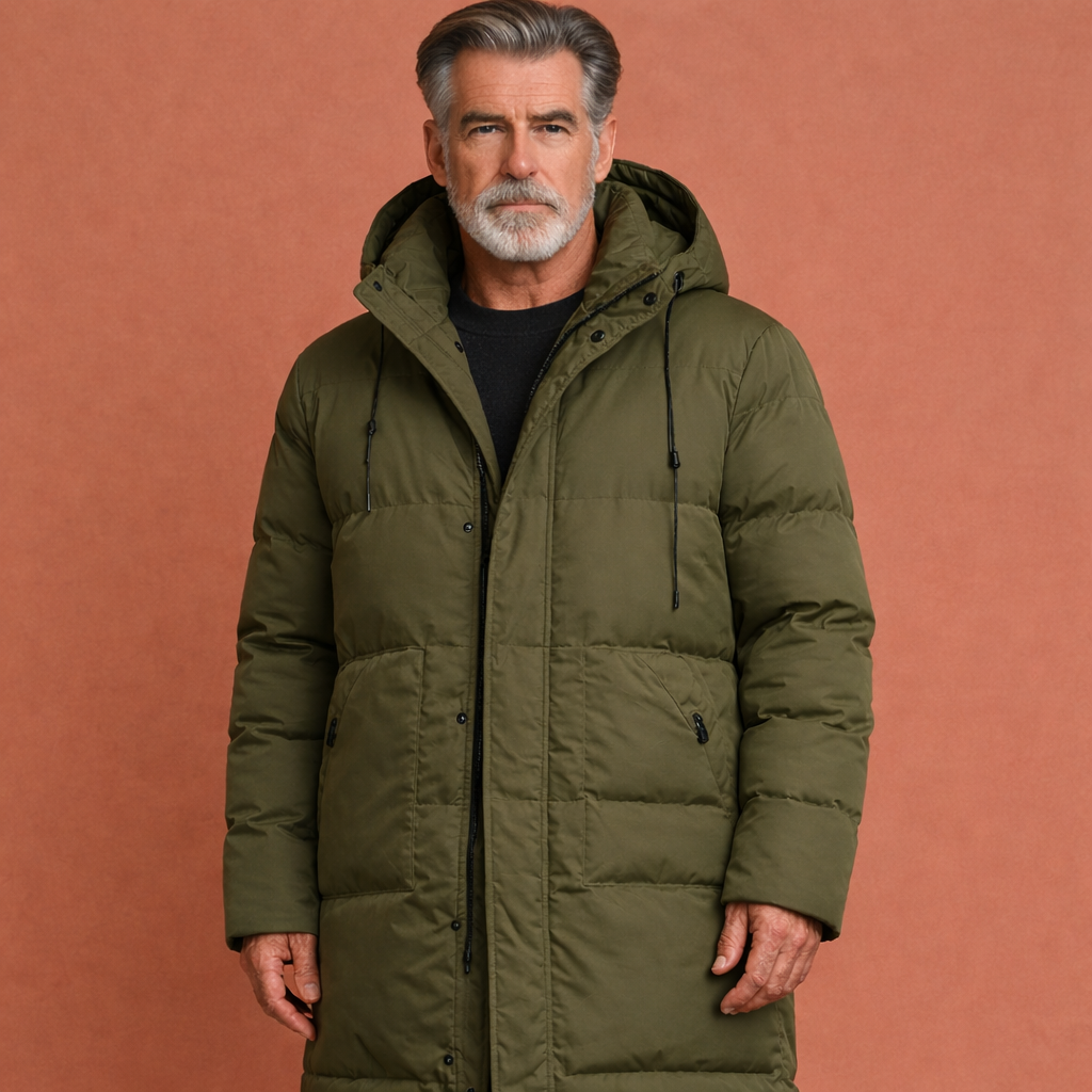 Legergroene lange winterjas voor heren met capuchon, ideaal voor dagelijks gebruik tijdens koude herfst- en winterdagen