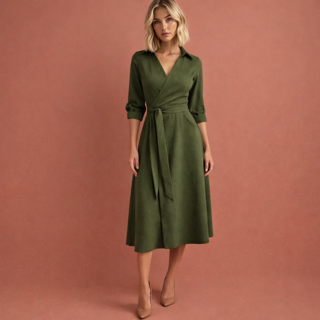 Legergroene midi-jurk voor dames met uitlopende pasvorm en reverskraag, ideaal voor werk en stijlvolle dagelijkse outfits.