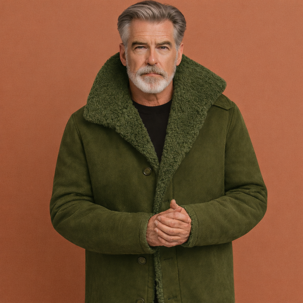 Legergroene warme winterjas voor heren met brede kraag en comfortabele pasvorm, ideaal voor koude dagen en dagelijks gebruik.