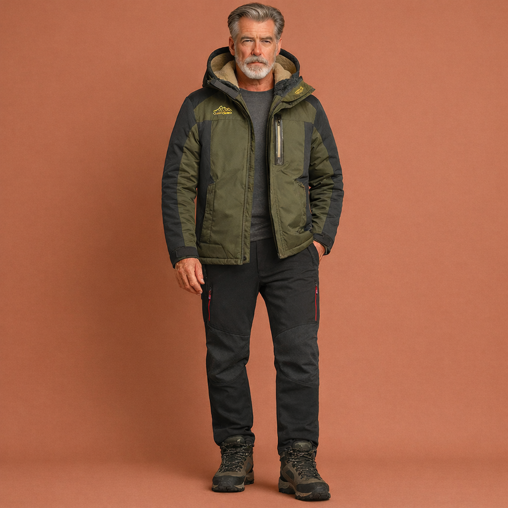 Legergroene waterdichte winterset voor heren met comfortabele pasvorm, geschikt voor outdoor en koude winterdagen.