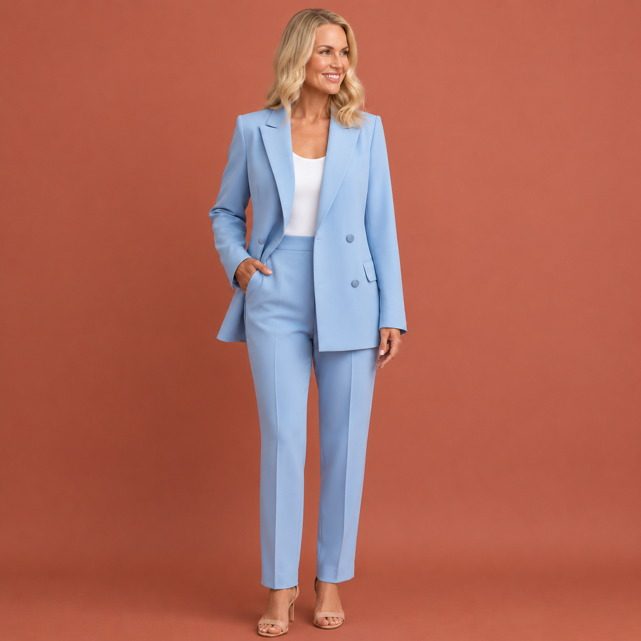 Dames broekpak in lichtblauw met minimalistisch design, zacht en comfortabel voor casual en stijlvolle outfits.