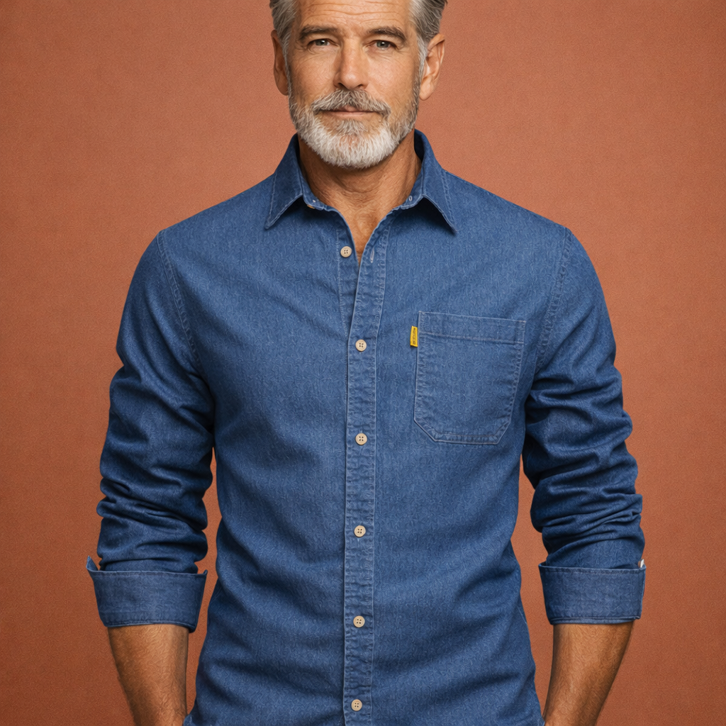 Heren denim overhemd in lichtblauw met minimalistisch design, comfortabel en stijlvol voor casual en moderne outfits.