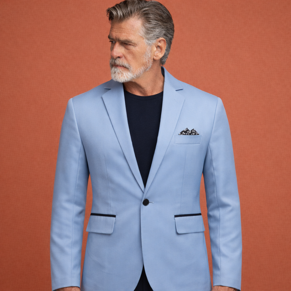 Lichtblauwe herenjas met reverskraag en klepzakken, geschikt voor dagelijks gebruik en nette outfits.