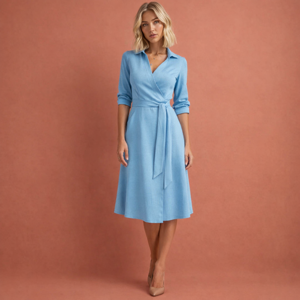 Lichtblauwe midi-jurk voor dames met uitlopende pasvorm en reverskraag, ideaal voor werk en stijlvolle dagelijkse outfits.