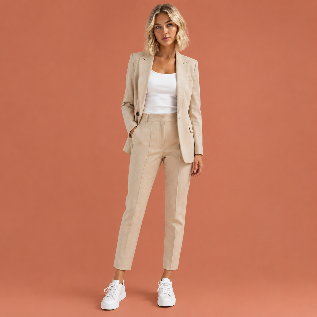 Dames blazer set in lichtbruin met minimalistisch design, zacht en comfortabel voor casual en stijlvolle outfits.
