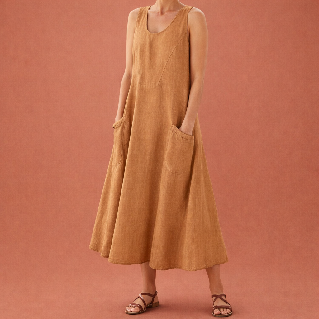 Dames maxi zomerjurk in lichtbruin met minimalistisch design, zacht en comfortabel voor casual en stijlvolle outfits.