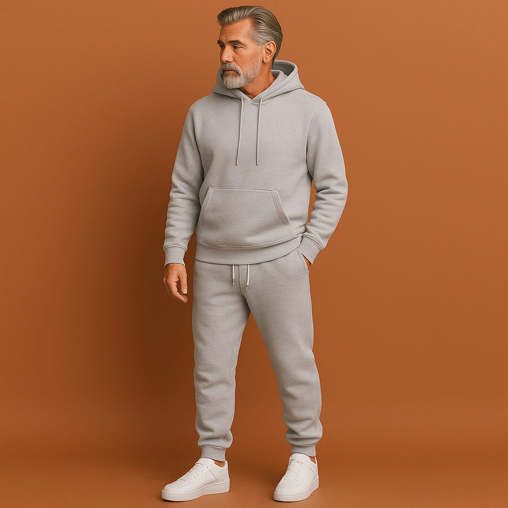 Lichtgrijs heren trainingspak met hoodie en tapered joggers, geschikt voor casual outfits en dagelijks gebruik.