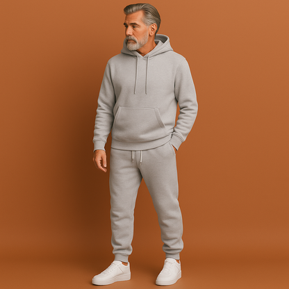 Lichtgrijs heren trainingspak met hoodie en tapered joggers, geschikt voor casual outfits en dagelijks gebruik.