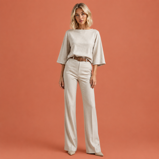 Dames set in lichtgrijs met minimalistisch design, zacht en comfortabel voor casual en stijlvolle outfits.