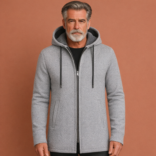 Lichtgrijze warme casual jas met capuchon voor heren met comfortabele pasvorm, ideaal voor dagelijks gebruik en koude dagen.