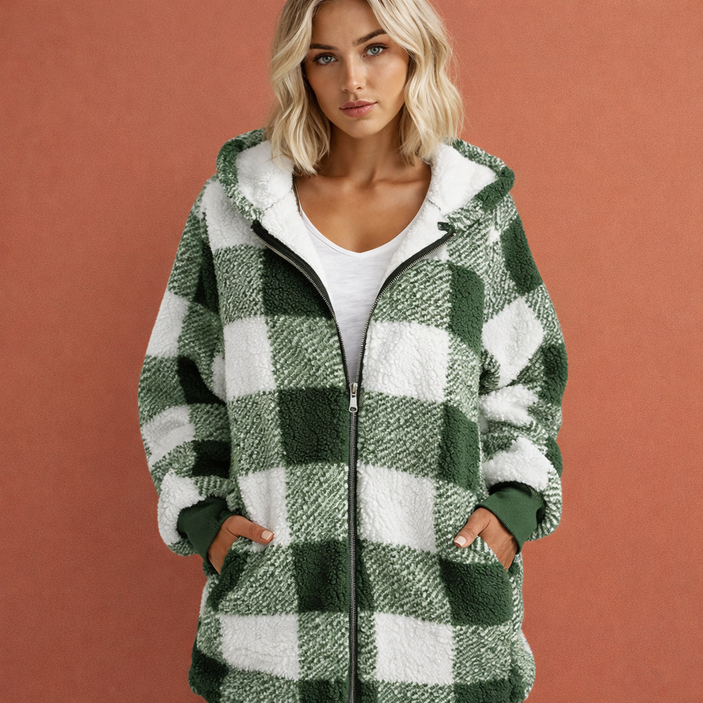 Lichtgroene dames jas met capuchon en ruitpatroon, comfortabele pasvorm en warme uitstraling voor dagelijks gebruik.