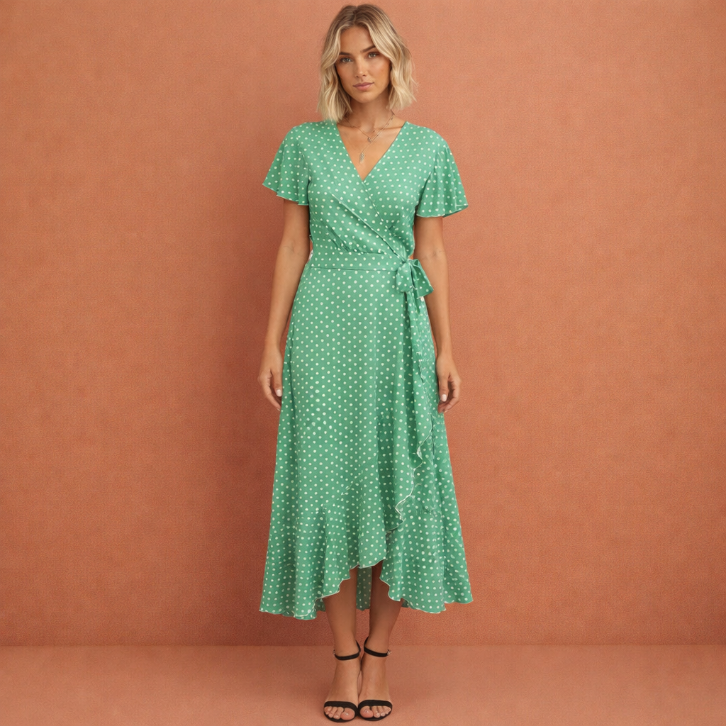 Lichtgroene gebloemde wikkeljurk voor dames met V-hals en ruffles, perfect voor zomerse dagen en elegante gelegenheden.