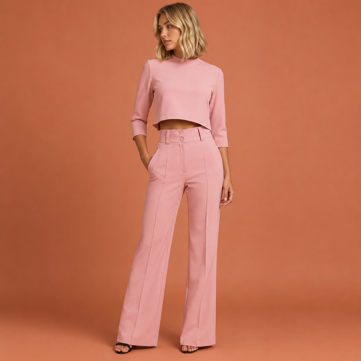 Dames set in lichtroze met minimalistisch design, zacht en comfortabel voor casual en stijlvolle outfits.