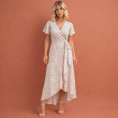 Lichtroze gebloemde wikkeljurk voor dames met V-hals en ruffles, perfect voor zomerse dagen en elegante gelegenheden.