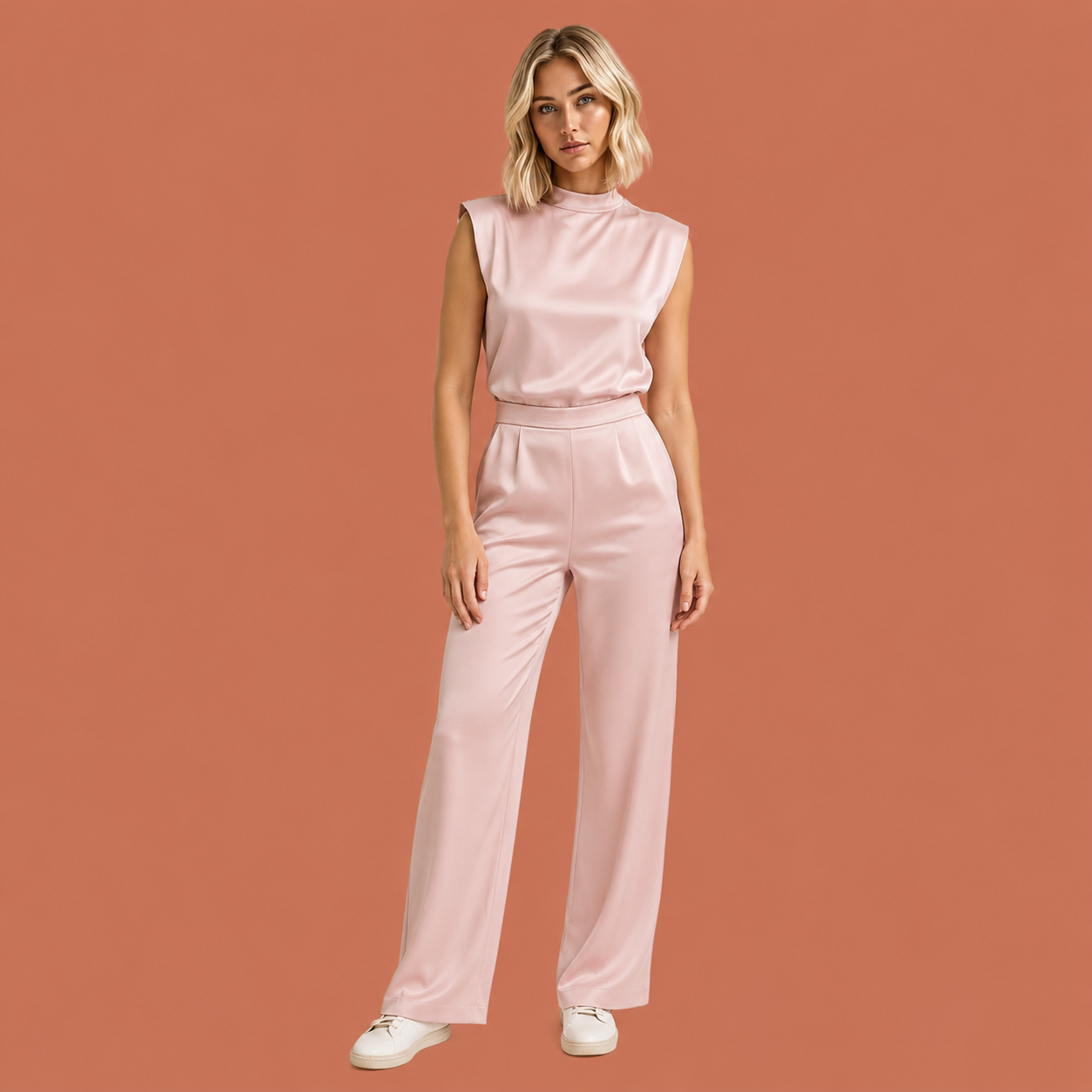 Dames jumpsuit in lichtroze met minimalistisch design, zacht en comfortabel voor casual en stijlvolle outfits.