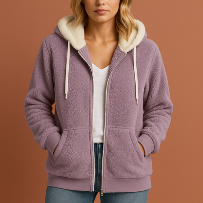 Extra warme teddy fleece zip hoodie voor dames in lila kleur, ideaal voor koude dagen en casual outfits.